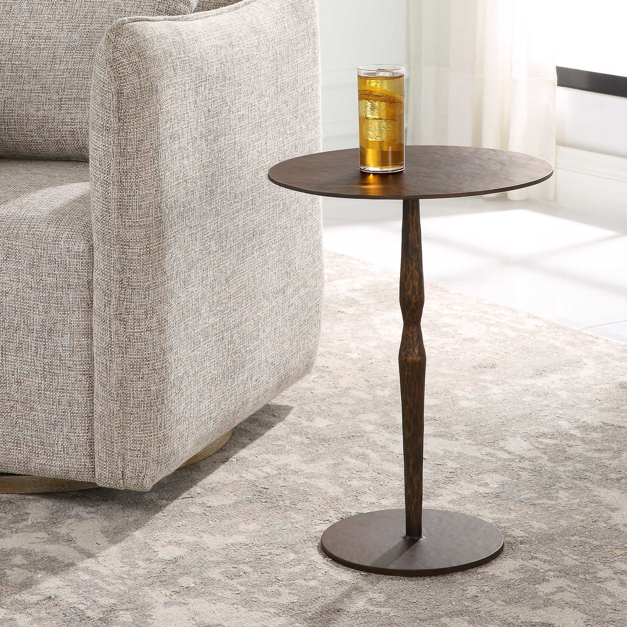 accent table is crafted entirely from iron with hand applied chiseled texture in a rustic copper bronzed finish. Modern home decor. 