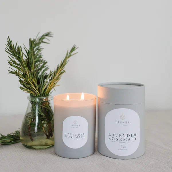 Matte Grey luxury candle in Lavender Rosemary scent. Pictured with its matte grey organic box and matches. Linnea candle. 