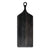 black acacia wood cutting board with a hole at the top for easy hanging in a kitchen.