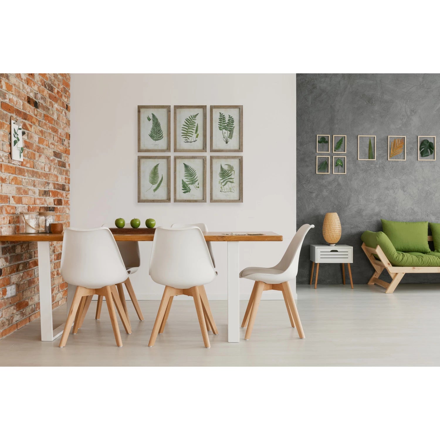 Dining room eating area pictured with six wood framed fern wall art photos in background. Modern Farmhouse decor. French Country home decor. 