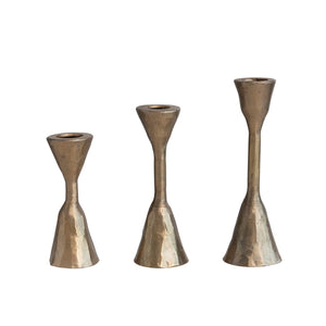 Small, medium, and tall hammered antique gold candle taper holders. 