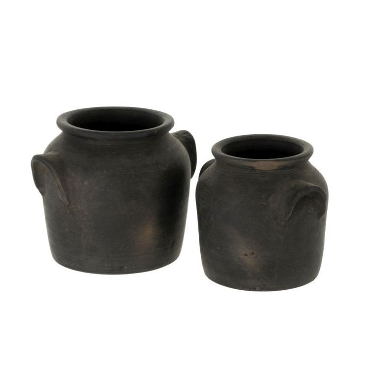 small and large burnt matte black terracotta urn