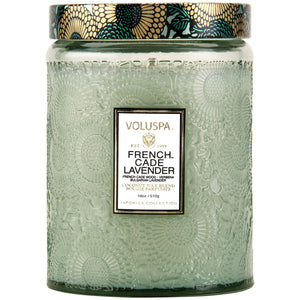 18 ounce Voluspa French Cade Lavender glass jar candle. 