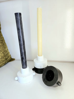black and white taper and tealight holders with knobs and stacked