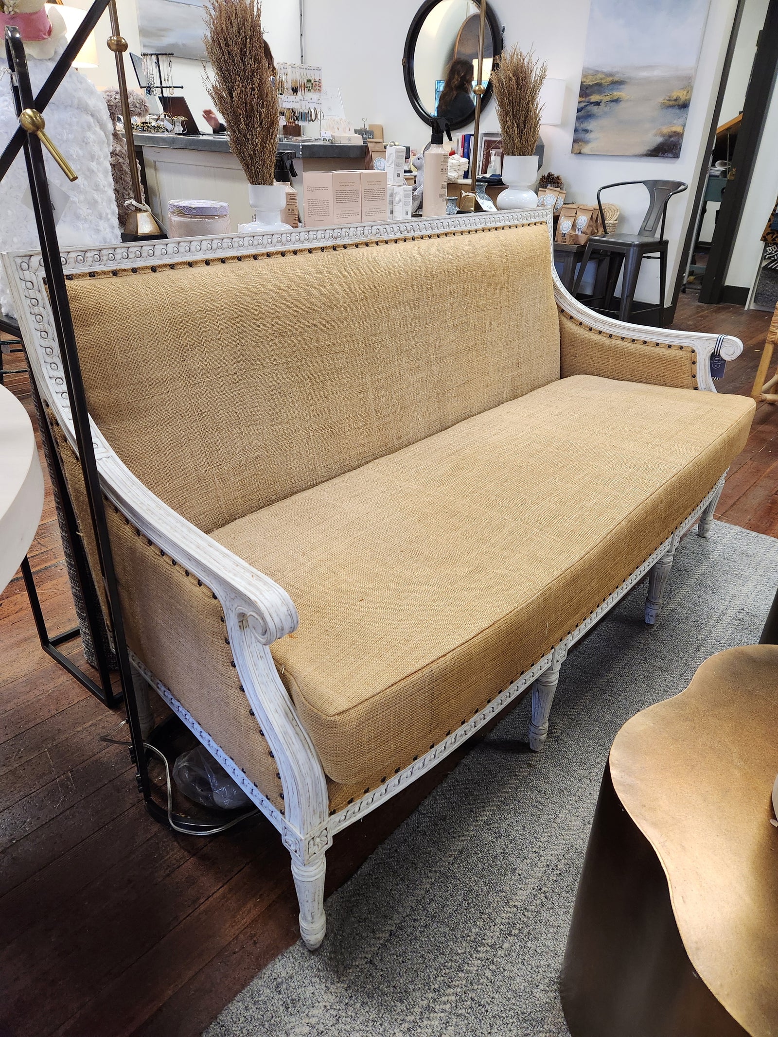 Vintage French Country Burlap Bench Seat