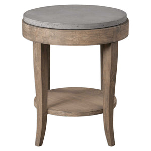 Side table with curved wood legs and solid concrete top.