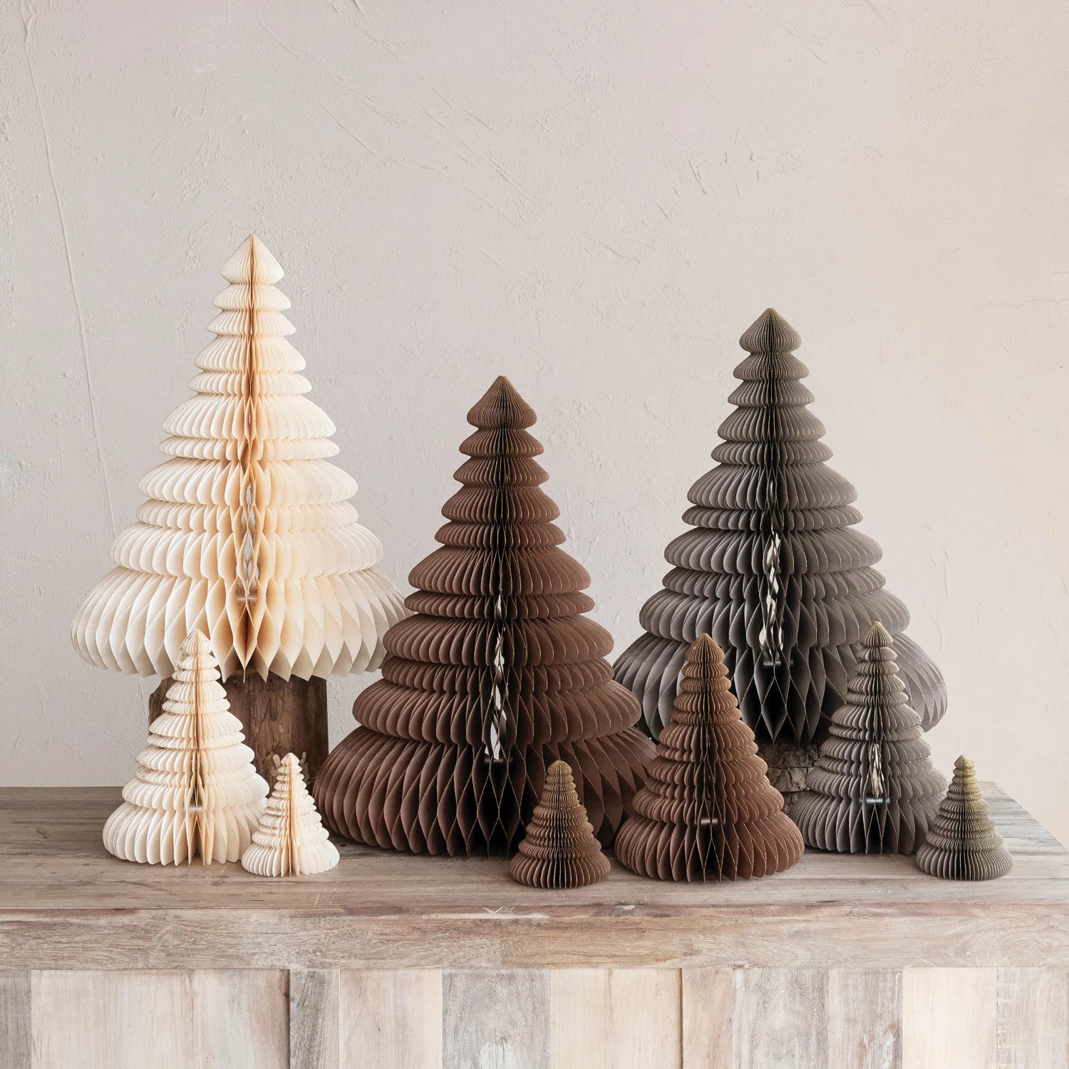 Coordinating set of cream, brown, and grey honeycomb magnetic paper trees. Holiday decorations. 