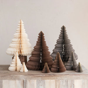 Coordinating set of cream, brown, and grey honeycomb magnetic paper trees. Holiday decorations. 