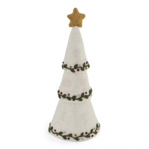 Decorative wool Christmas tree with a star on top against a white background