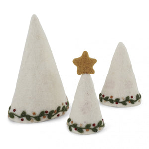 Three felt Christmas trees with star topper on a white background