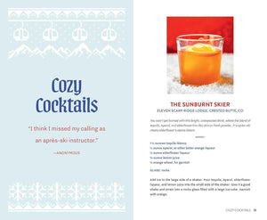 A two-page spread from a cocktail recipe book. The left page has a light blue background with white snowflake borders, the title 'Cozy Cocktails' in large blue text, a quote in red, and a small recipe note at the bottom.