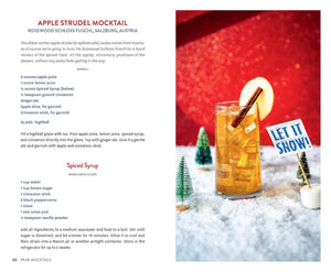 Apple Strudel Mocktail recipe with a glass of mocktail on a snowy background