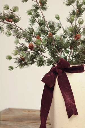 Faux pine branches with pinecones arranged in a cream-colored vase tied with a deep burgundy velvet bow, set against a neutral beige background.