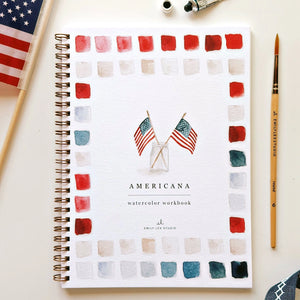 Watercolor workbook titled 'Americana' with American flags on a white background