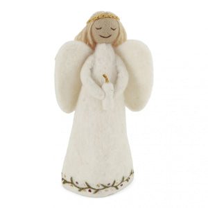 Decorative wool angel figurine with a white robe and gold accents on a white background