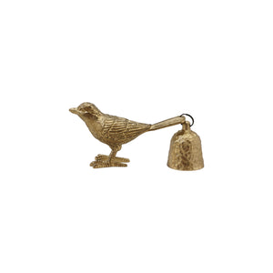 Brass bird-shaped bell candle snuffer on a white background. 