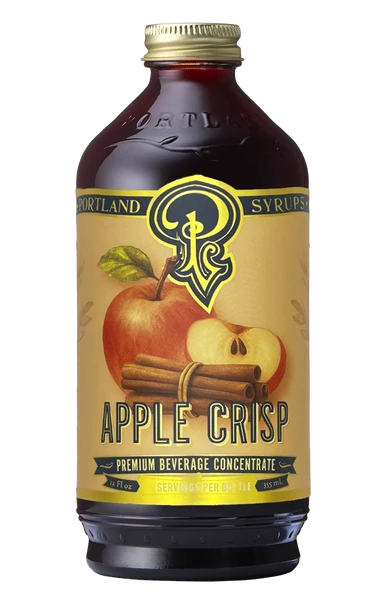 Portland Syrup premium beverage concentrate in flavor "Apple Crisp" with apple and cinnamon sticks pictured on label. 