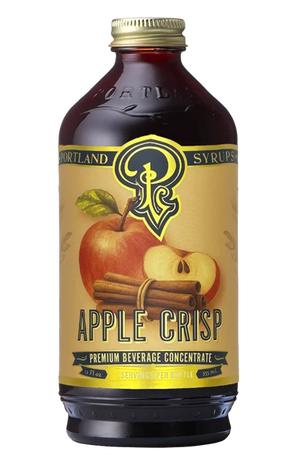 Portland Syrup premium beverage concentrate in flavor "Apple Crisp" with apple and cinnamon sticks pictured on label. 