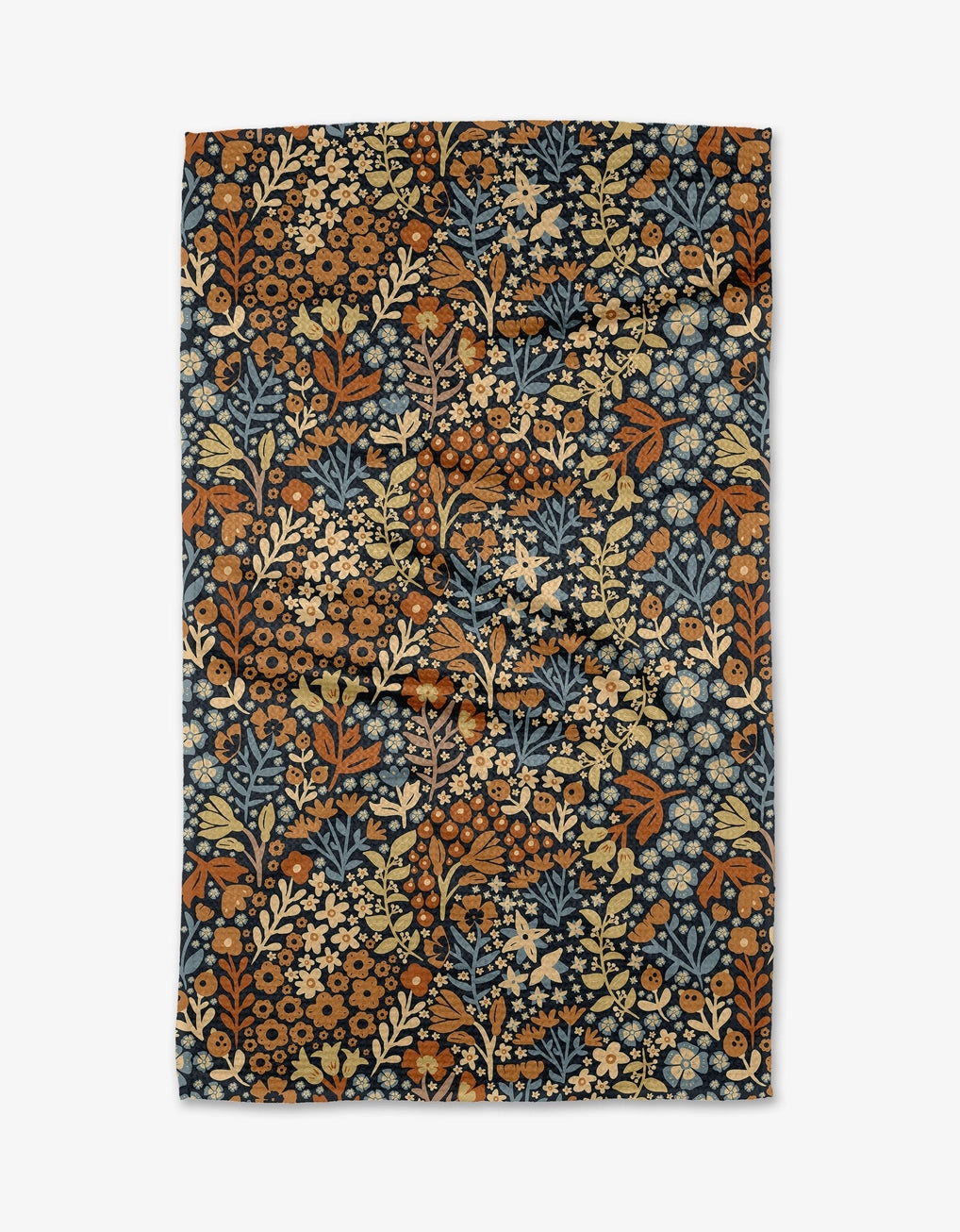 Floral patterned tea towel with a mix of orange, blue, and beige floral prints on a white background. Geometry tea towels. 