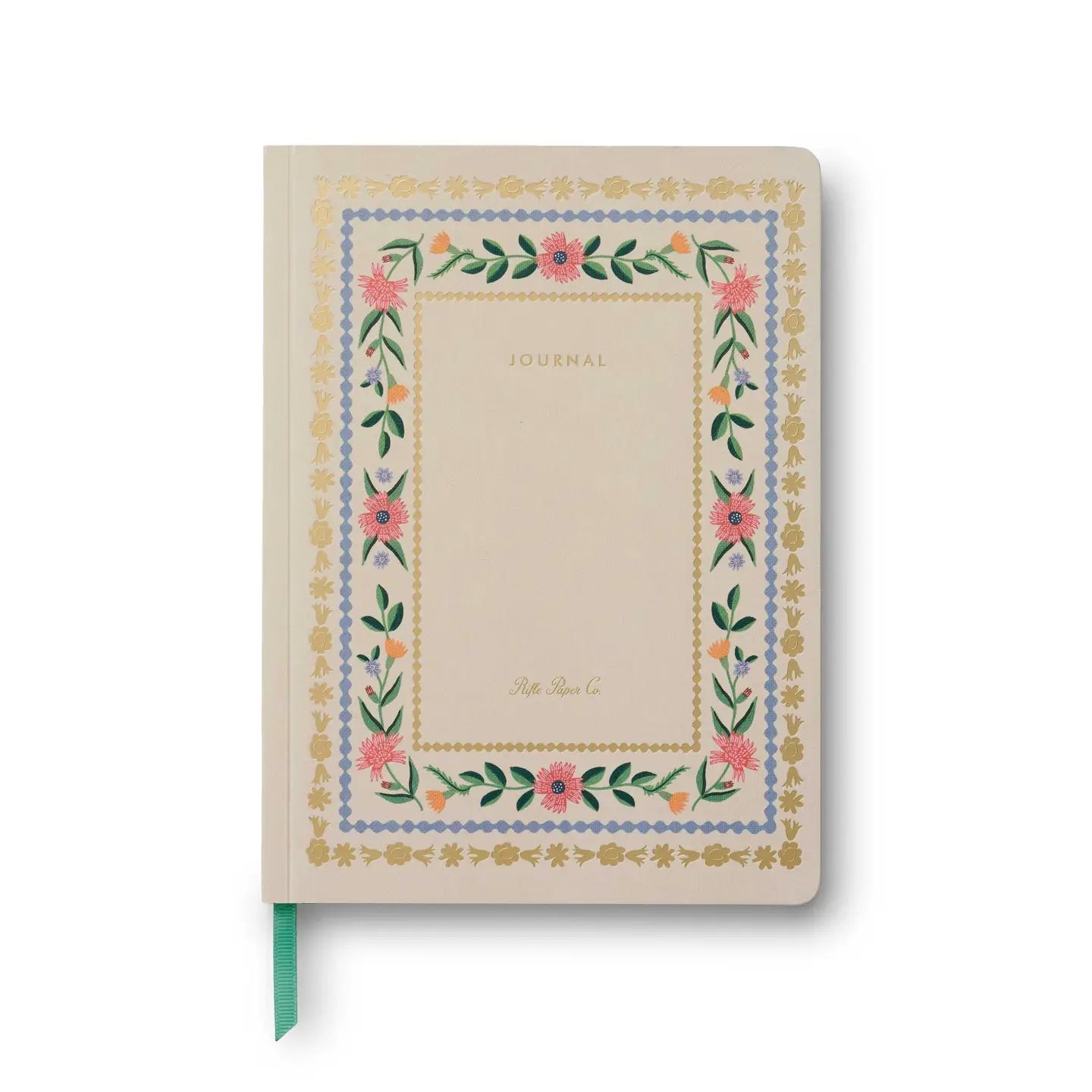 Beige journal with floral border design on a white background. Rifle Paper co. 