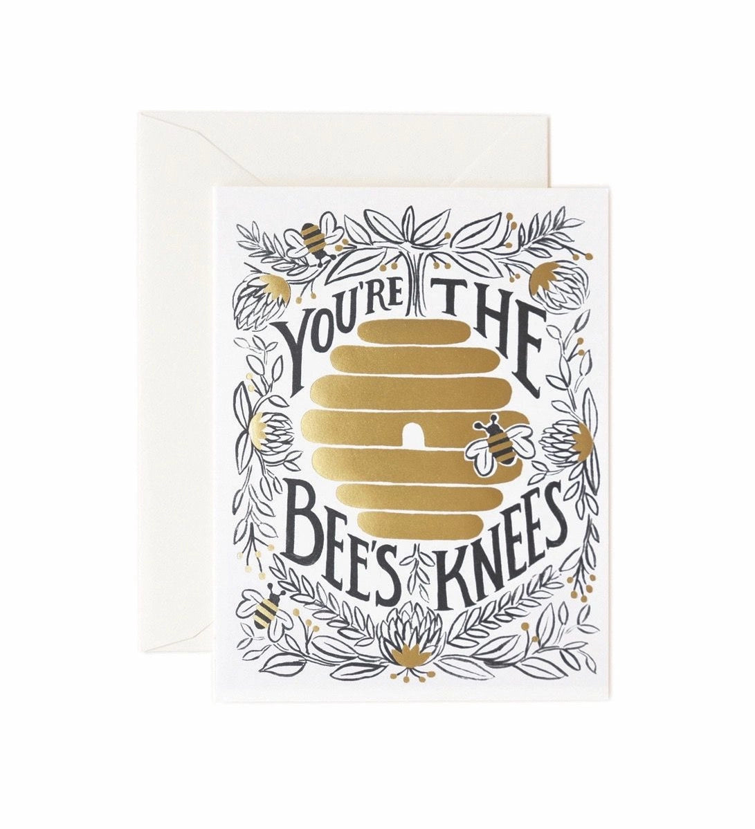 Greeting card with gold and black design featuring a honeycomb and bees on a white background. Text reads "you're the bee's knees".