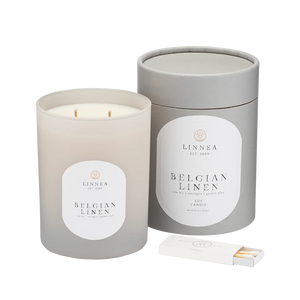 LINNEA Belgian Linen candle with packaging and matches on a white background