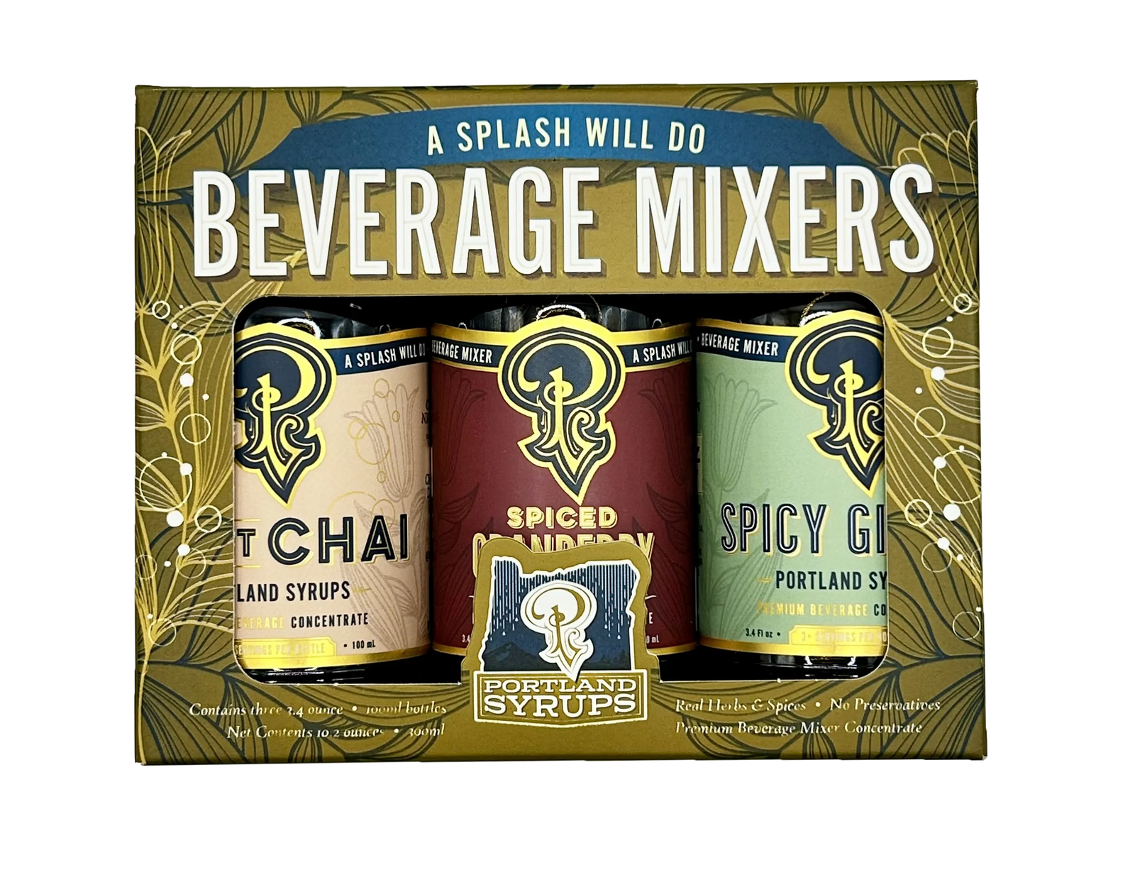 Portland Syrup Company 'Splash Will Do' Beverage Mixers gift set in a cardboard box, containing three cans of vanilla chai, spiced mandarin, and spicy ginger syrups.