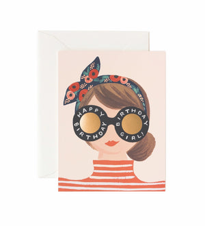 Birthday card with illustration of a girl wearing sunglasses and floral headband on a white background