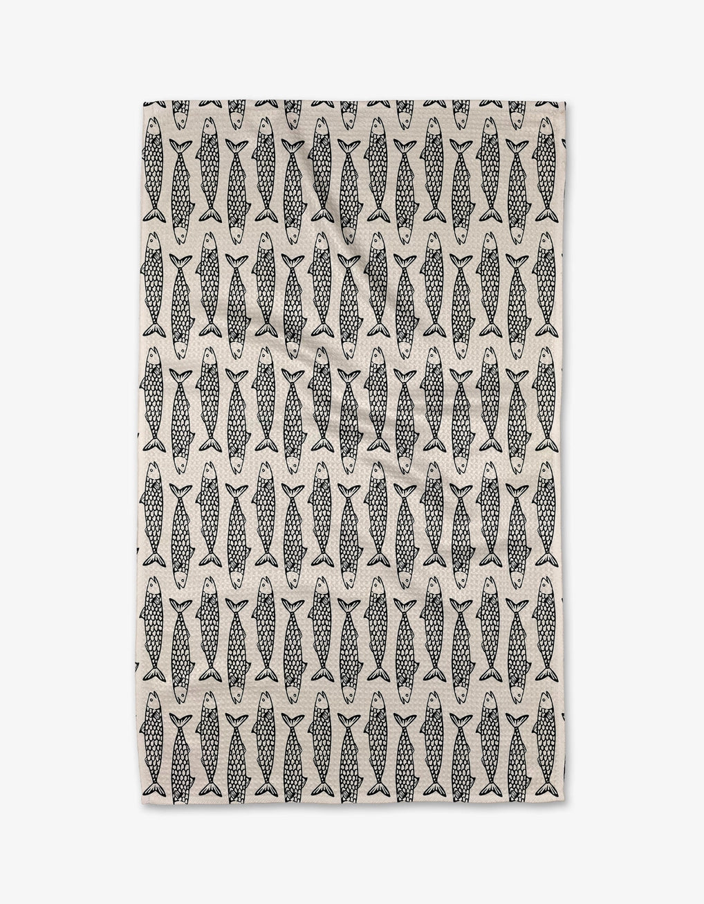 Tea towel with black fish pattern on a white background. Geometry tea towel. 