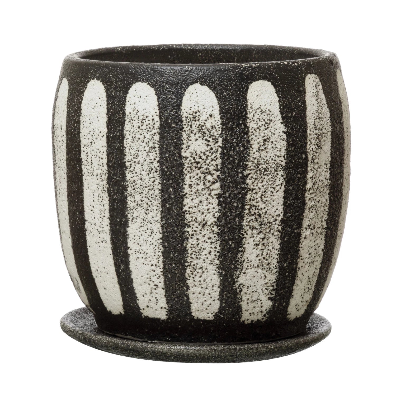 Hand painted black and white striped terracotta planter with saucer. 
