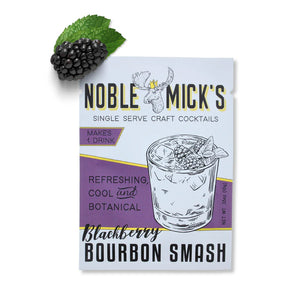 Noble Mick's Blackberry Bourbon Smash cocktail mix package with a blackberry and mint leaf on a white background. 