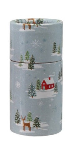 Light blue festive holiday matches with evergreen trees and a red barn design with snow and reindeer. 