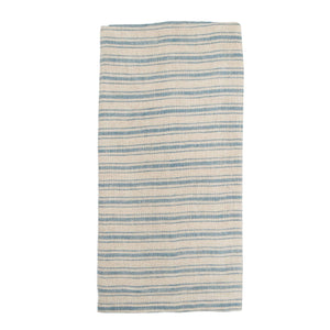 Linen blue boat striped tea towel. 