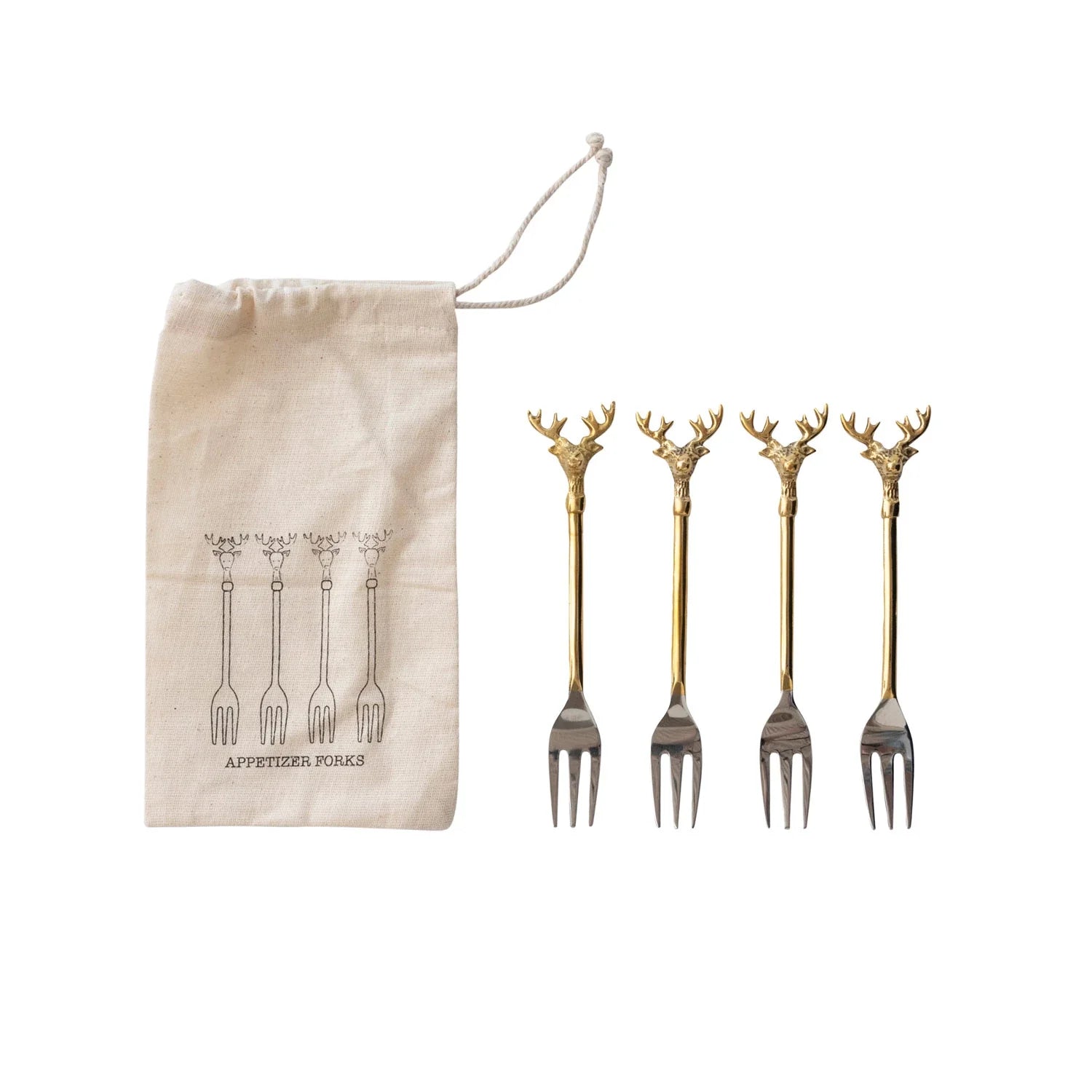 Set of four gold deer-head appetizer forks with a matching drawstring bag on a white background. 