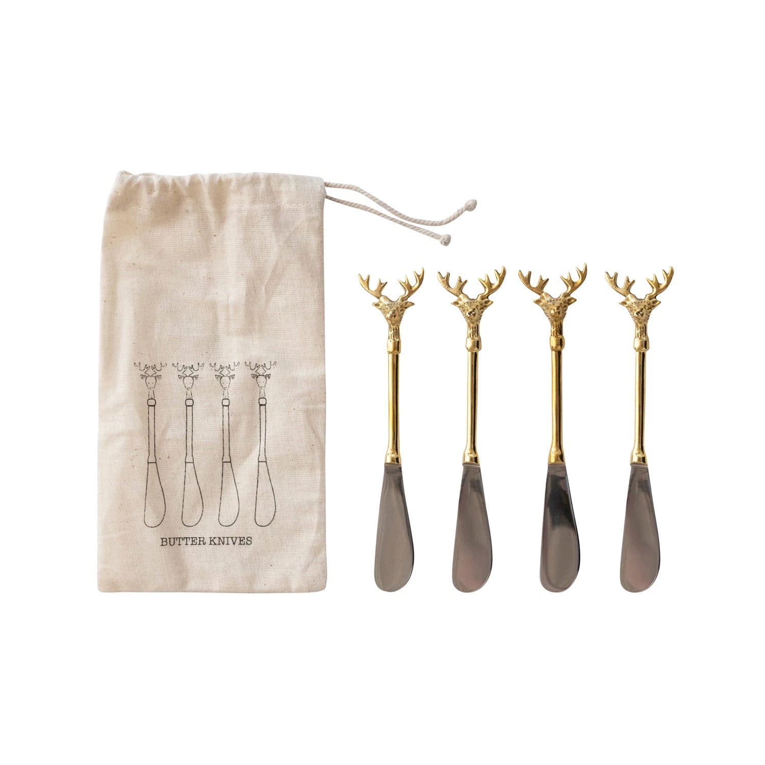 Set of four Reindeer-head brass butter knives with a matching drawstring bag on a white background. 
