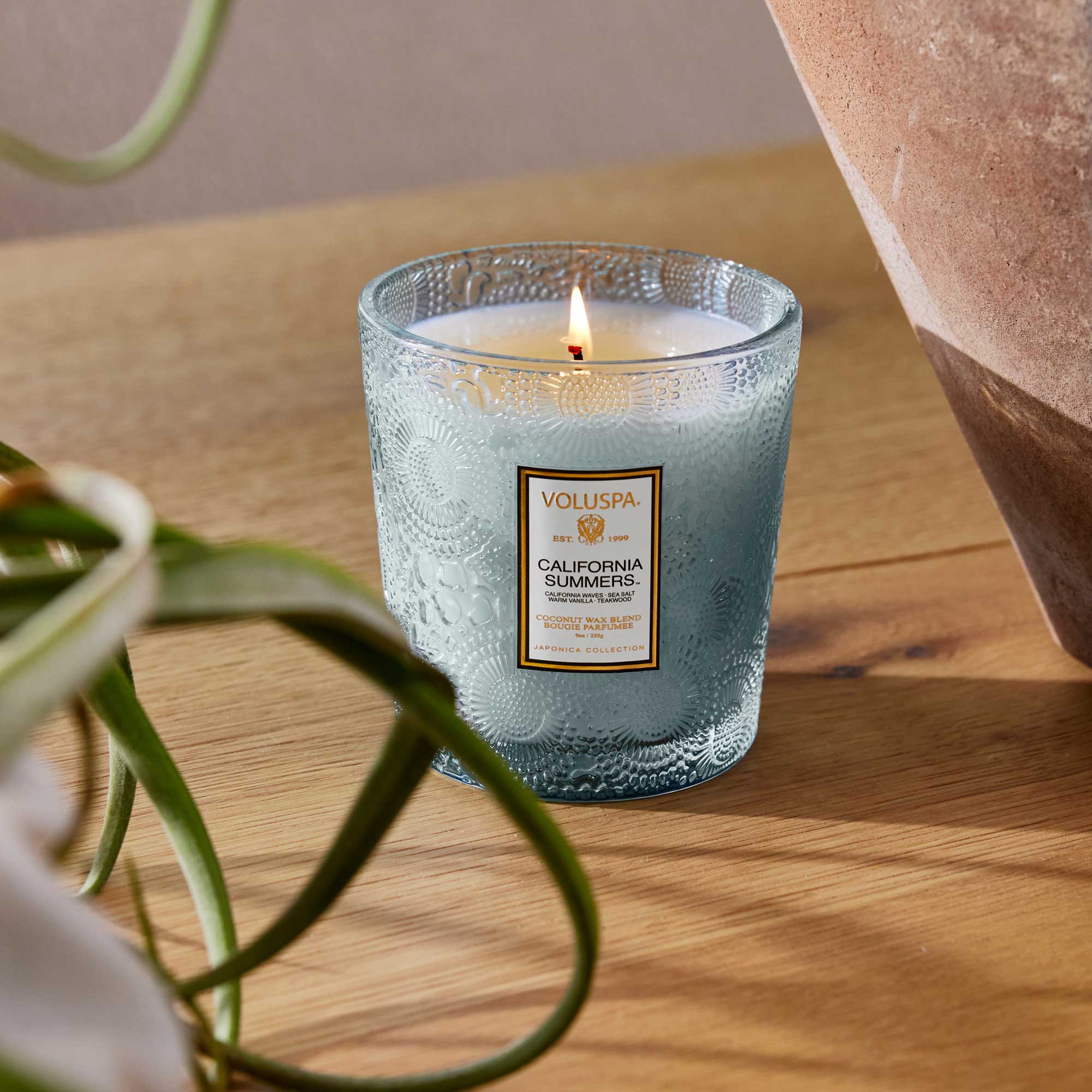 Luxury candle brand Voluspa latest scent California Summers in etched pale blue glass. 9 ounce candle. 
