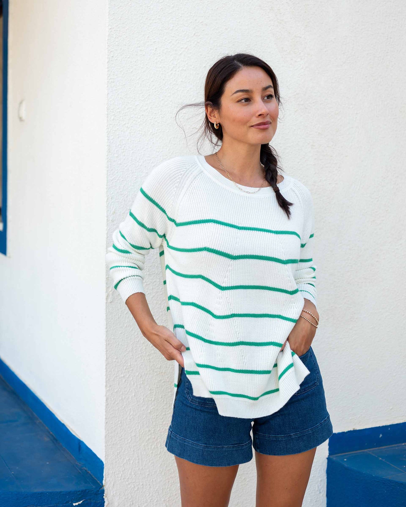 White and green striped cotton sweater. Mersea. Camden sweater. 
