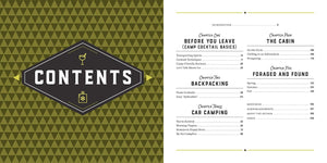 A book interior spread showing the table of contents page. The left panel has a dark olive-green geometric pattern with a large black diamond-shaped label reading 'CONTENTS' and small yellow accents.