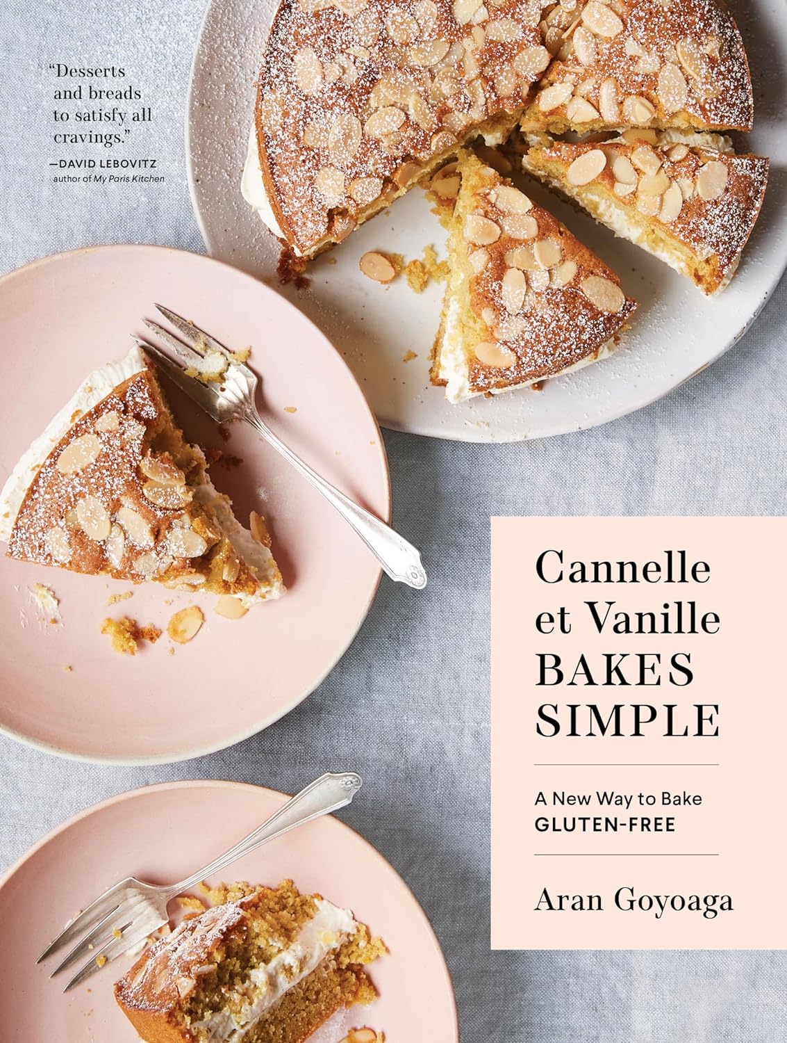 Front cover of "Cannelle et Vanille Bakes Simple". Pictured is a display of a gluten free cake recipe from inside. Gluten free baking. Gluten free lifestyle. International baking. 