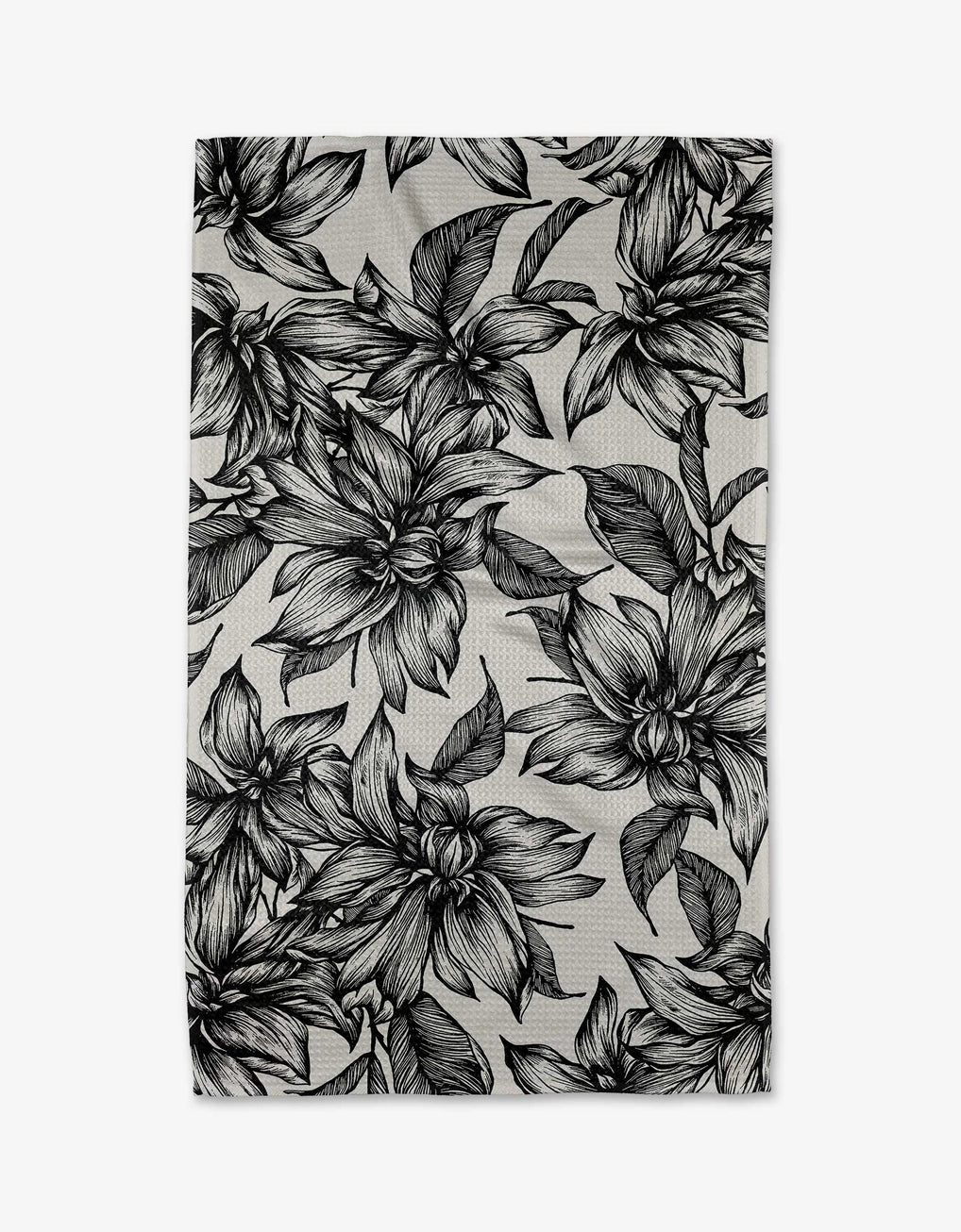 Black and gray floral patterned hand and kitchen towel on a white background. Geometry House. 