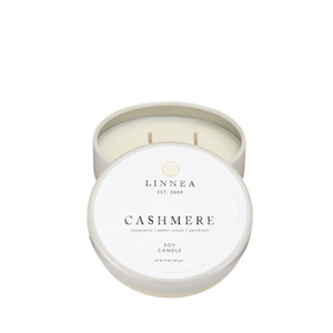 LINNEA Cashmere tin petite candle in a white tin on a white background