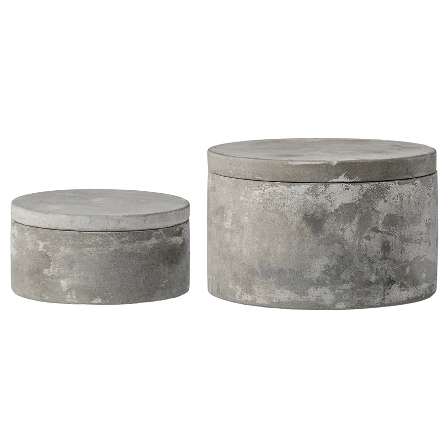 Coordinating grey cement keepsake boxes. Small measuring 3.75 inches round and medium measuring 5 inches round. Minimalist home decor. Elevated home decor. Concrete box. home decor. 