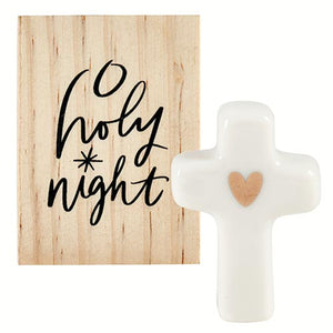 White ceramic cross with gold heart. Pine wood gift box included. 