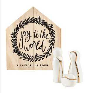 White ceramic holy family with gold metallic accents. Pine wood gift box included.