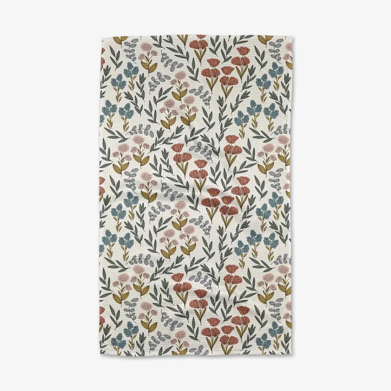 Floral patterned tea towel on a white background. Geometry towels. 