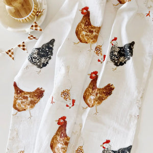 Cotton fabric tea towel with various chicken pattern on a white background. Emily Lex Studio. 