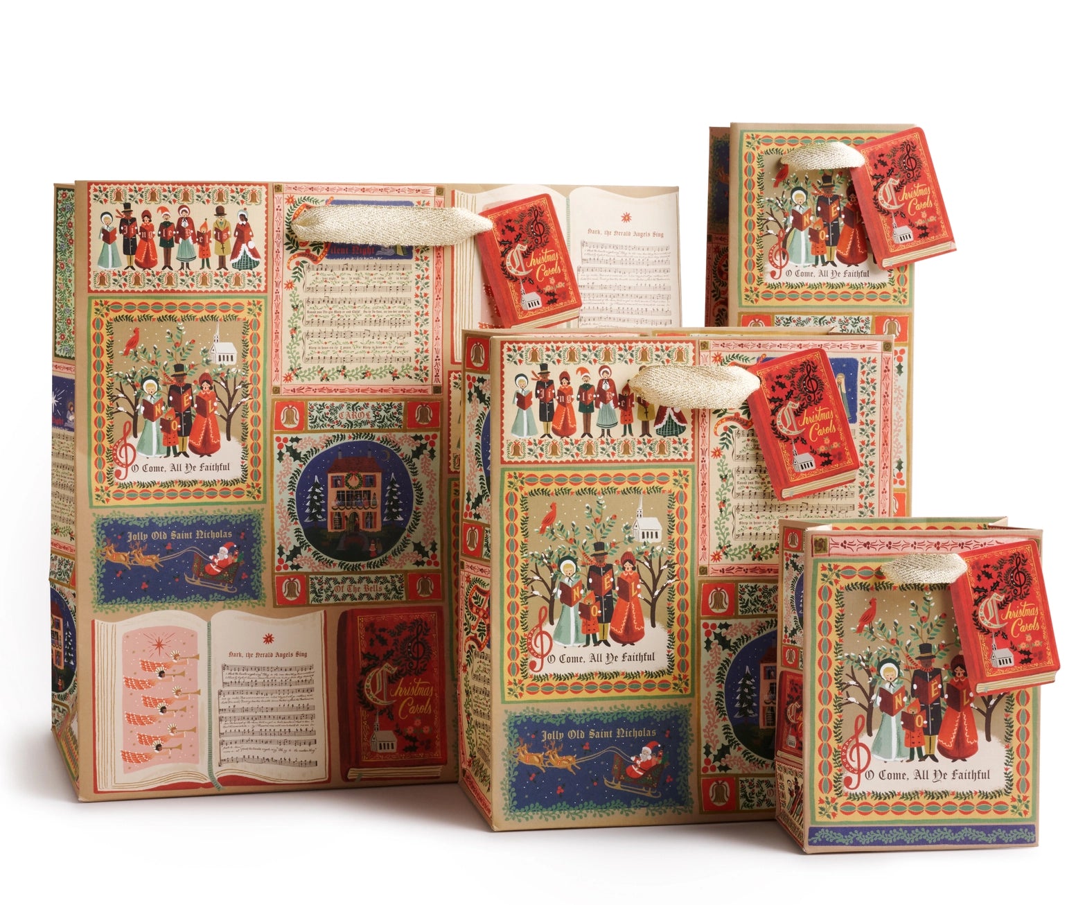 Set of various sized Christmas Carol gift bags. Rifle Paper Co.  Featuring charming details like nostalgic, hand-painted designs, gold ribbon handles, linen textured paper, and a coordinating tag. 