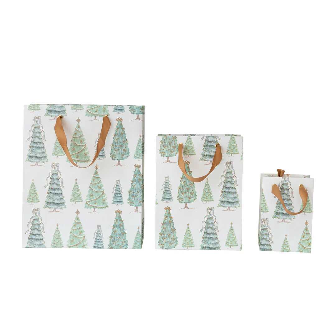Green Christmas tree printed design holiday gift bags in small, medium, and large size. 