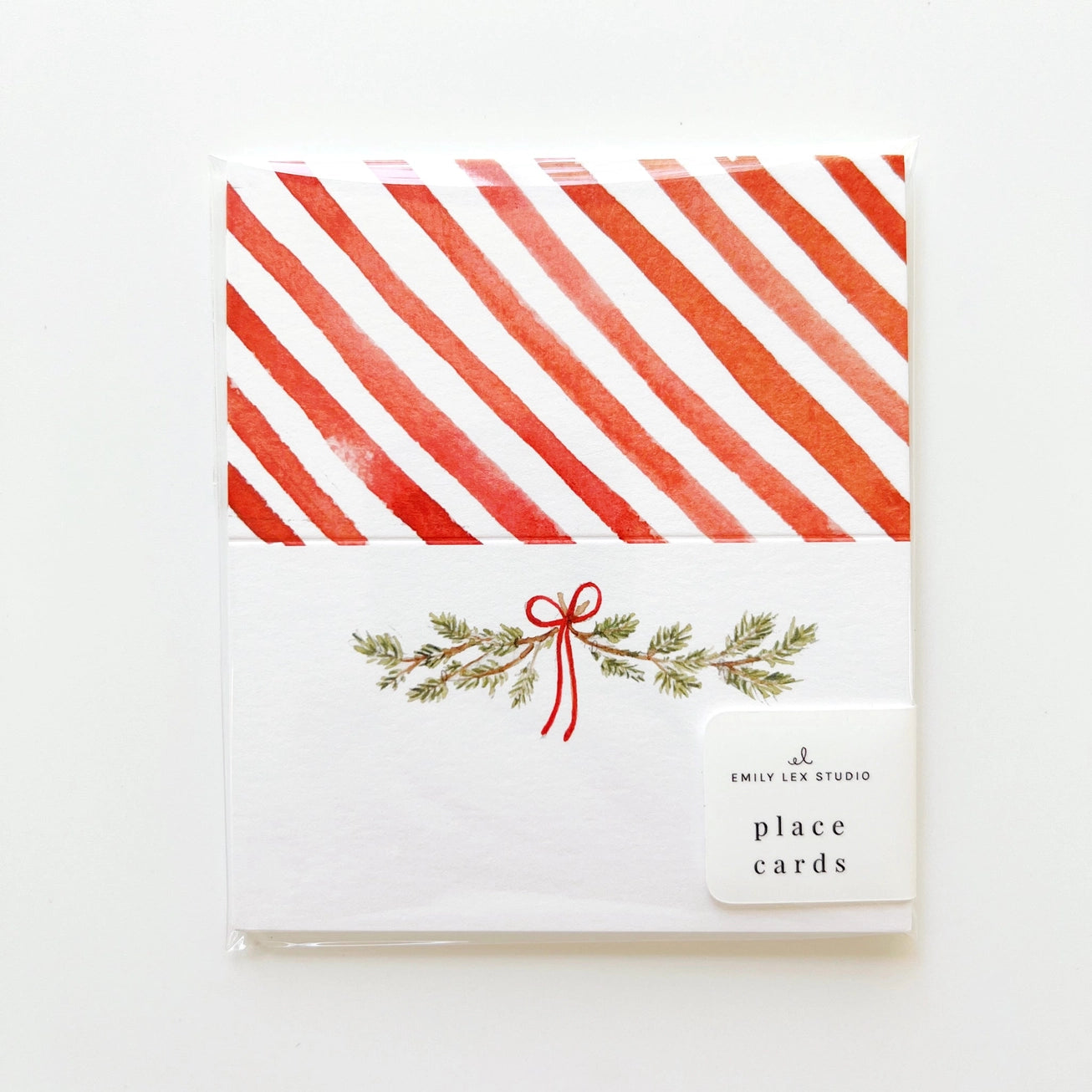 Place card with red and white striped design and decorative elements on a white background. Emily Lex Studios. 
