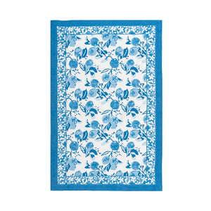 Cotton tea towel in vibrant blues with lemon inspired prints. 